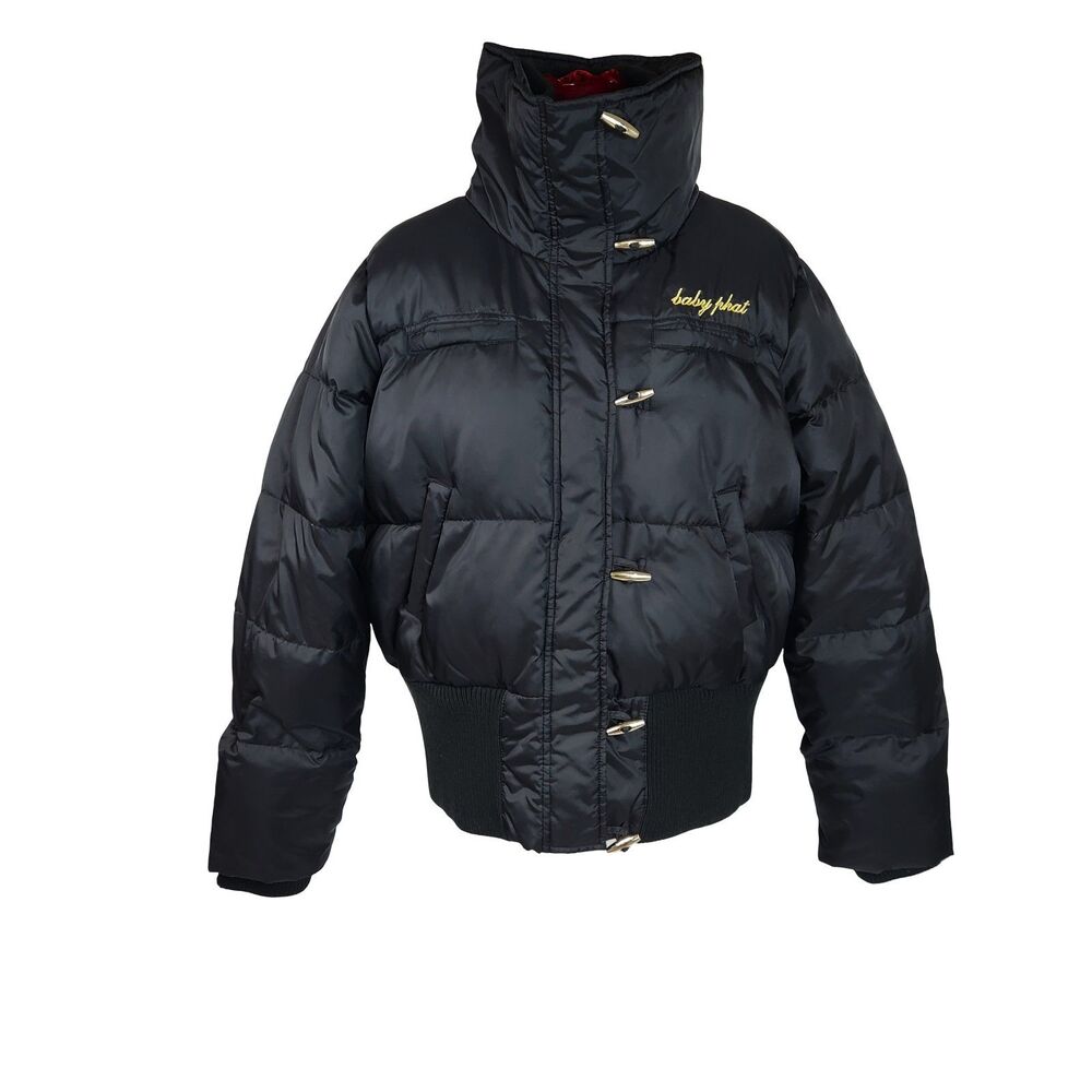 Vintage Y2K Baby Phat Black Down Bomber Puffer Coat Gold Accents 2X Streetwear